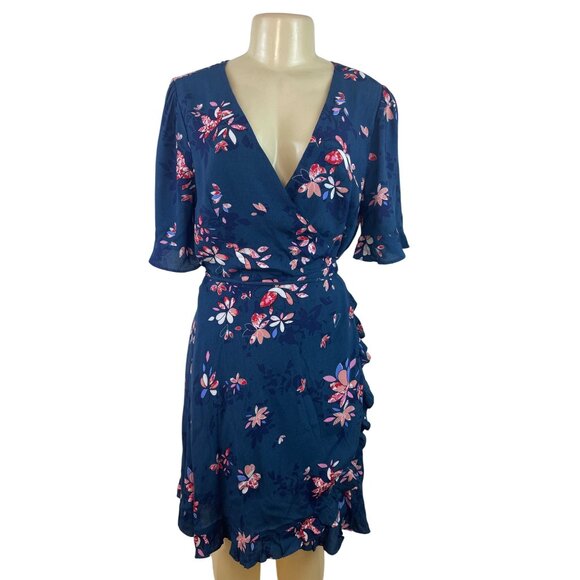 Lulus Blue Floral Wrap Dress With Ruffle Hem & Short Sleeves Size L - Picture 1 of 9